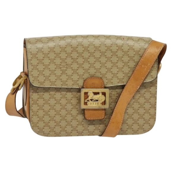 CELINE Macadam Canvas Horse Carriage Shoulder Bag Beige Gold
